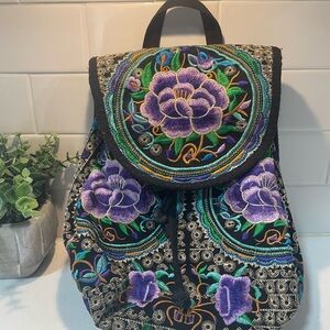Bohemian Hippie Backpack with Purple Floral Embroidery